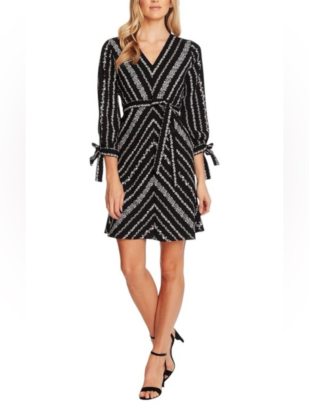 CeCe Black White Floral  V-Neck Tie Sleeve Lined Belted Versatile Mini Dress 4